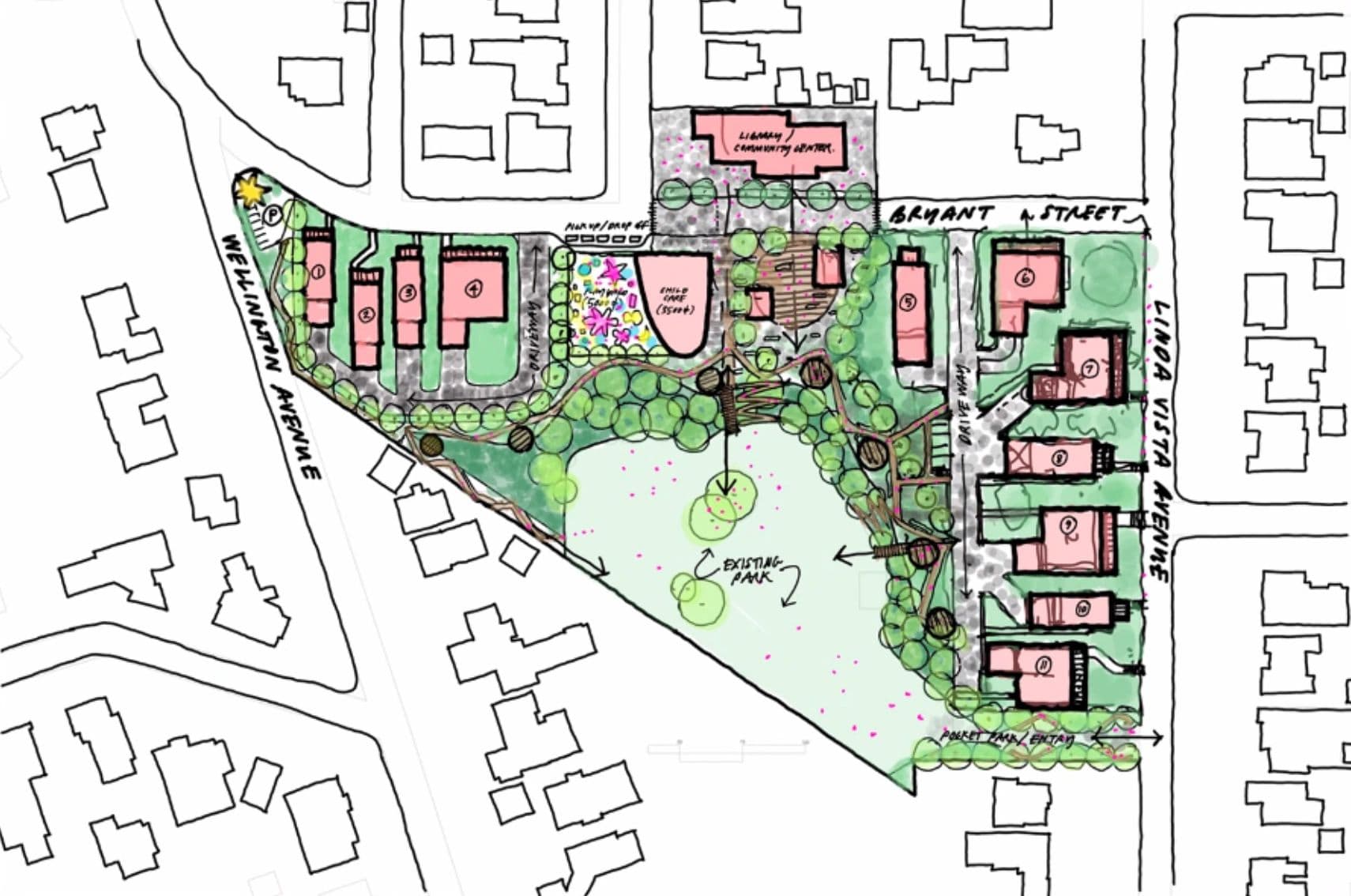 Colored site plan showing buildings, green spaces, and streets layout.